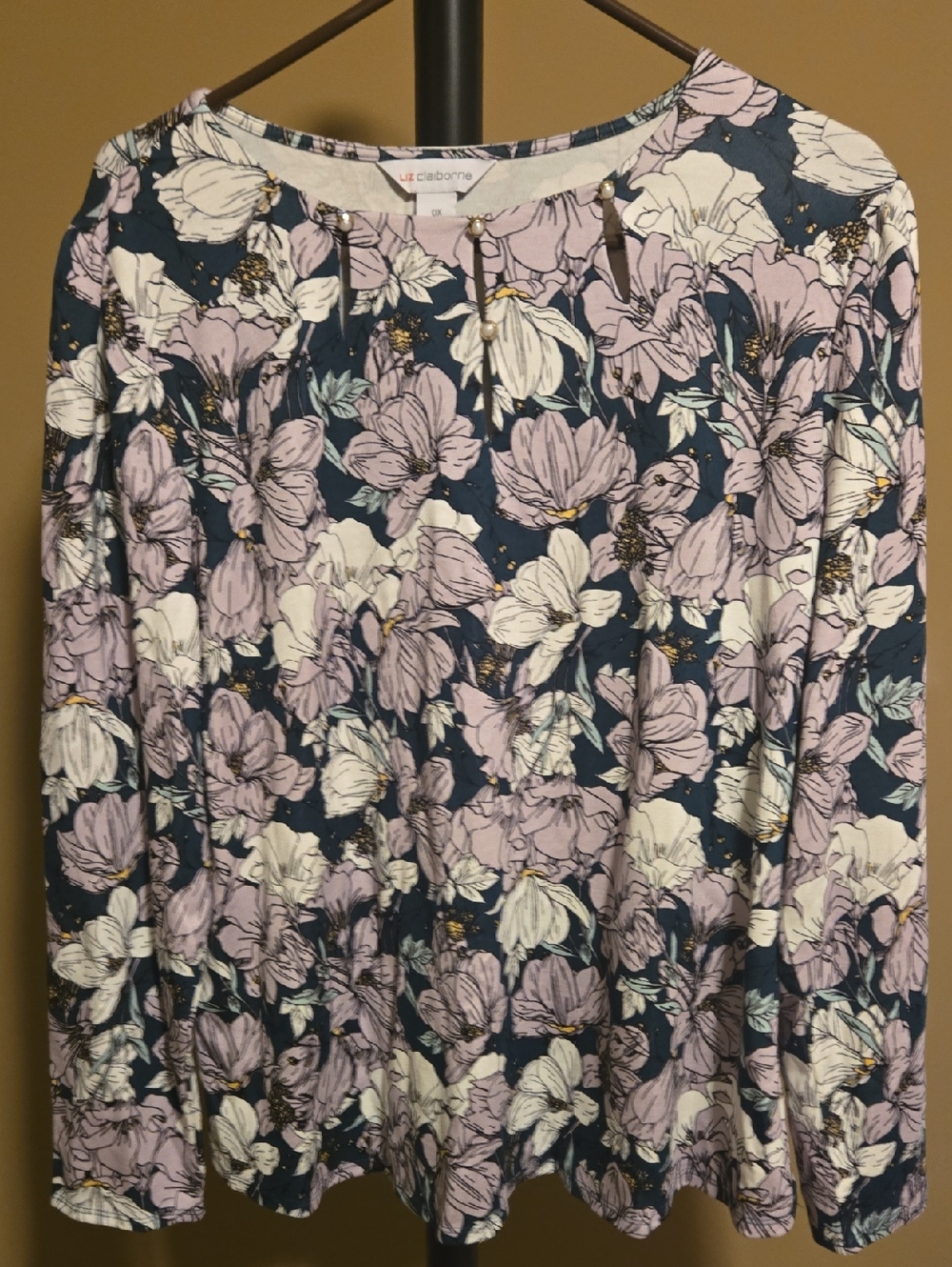 Liz Claiborne Navy Floral Long-Sleeve Blouse NWT OX